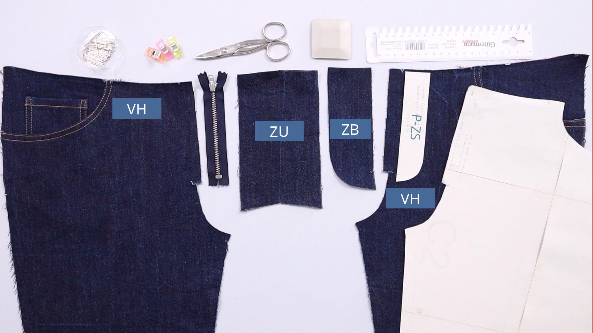 benötigte schnitteile und Materialien zum Selbernaher eines Schlitzes mit Reißverschluss für eine Jeanshose