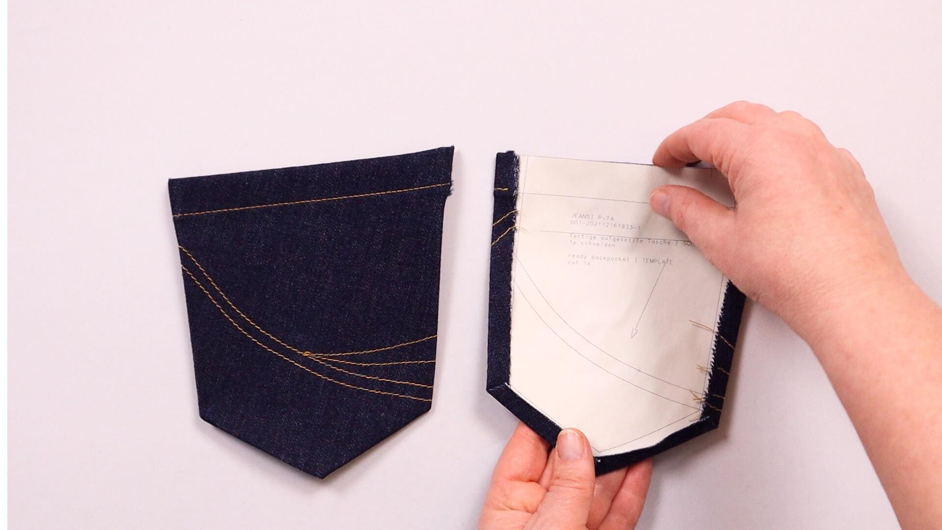 smartPATTERN Nähanleitung für aufgesetzte hintere Tasche einer Jeanshose- zum Aufnähen vorbereite Tasche