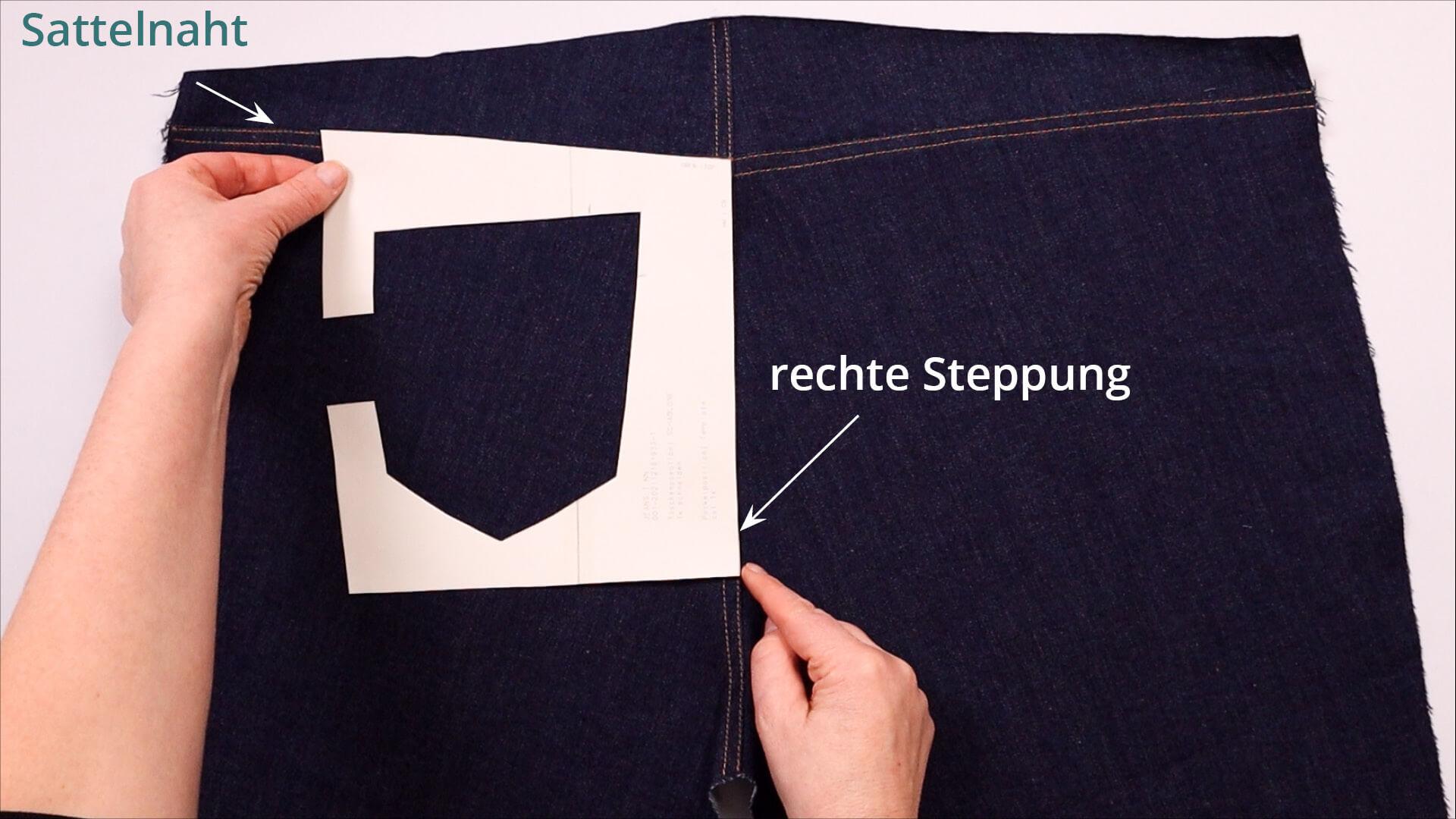 smartPATTERN Nähanleitung für aufgesetzte hintere Tasche einer Jeanshose- Taschenanzeichen Schablone links platzieren