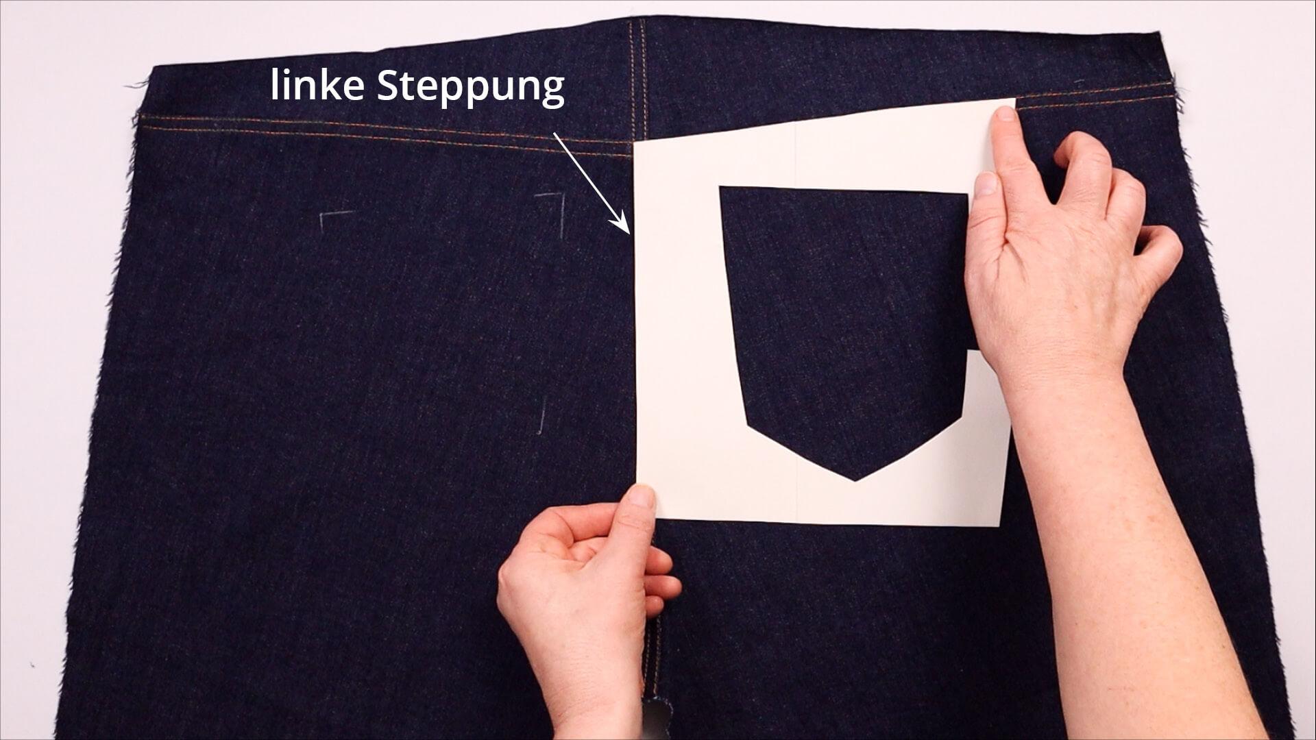 smartPATTERN Nähanleitung für aufgesetzte hintere Tasche einer Jeanshose- Taschenanzeichen Schablone rechts platzieren