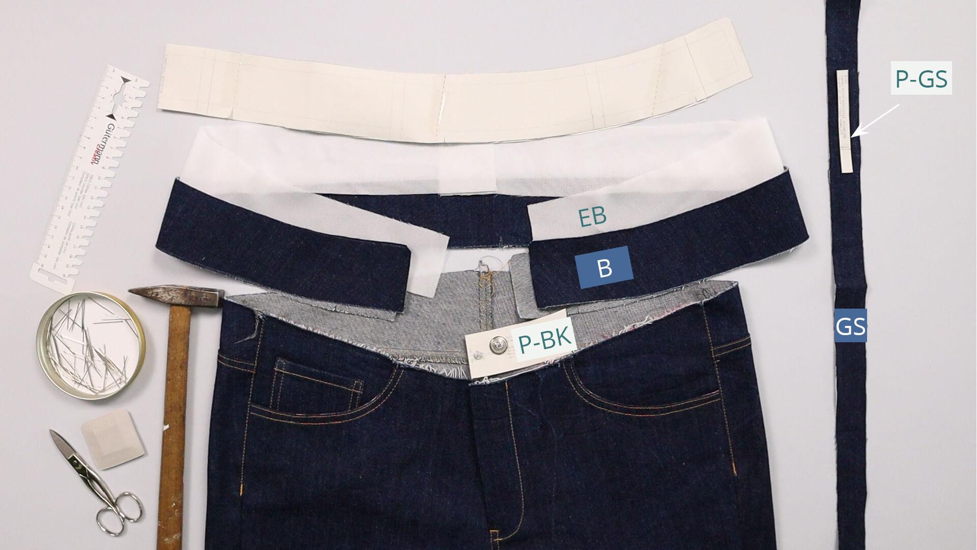 smartPATTERN Nähanleitung angesetzten Bund an Jeanshose nähen- benötige Schnittteile und Materialien