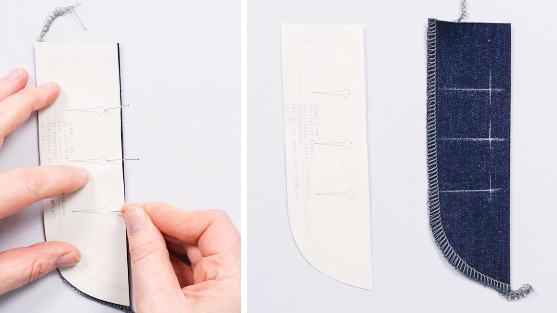 smartPATTERN Nähanleitung für Schlitz mit verdeckter Knopfleiste einer Jeans- Knopflochposition auf Schlitzleiste anzeichnen