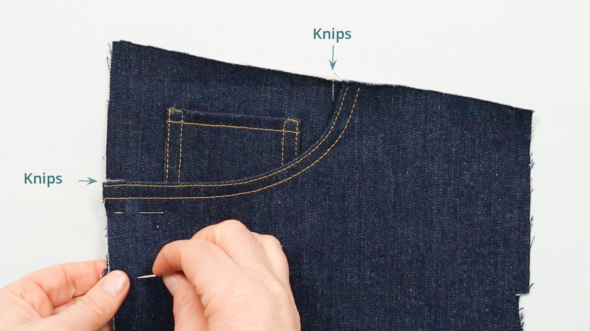 smartpattern Nähanleitung für vordere Jeanstasche- Tascheneingriff seitlich feststecken