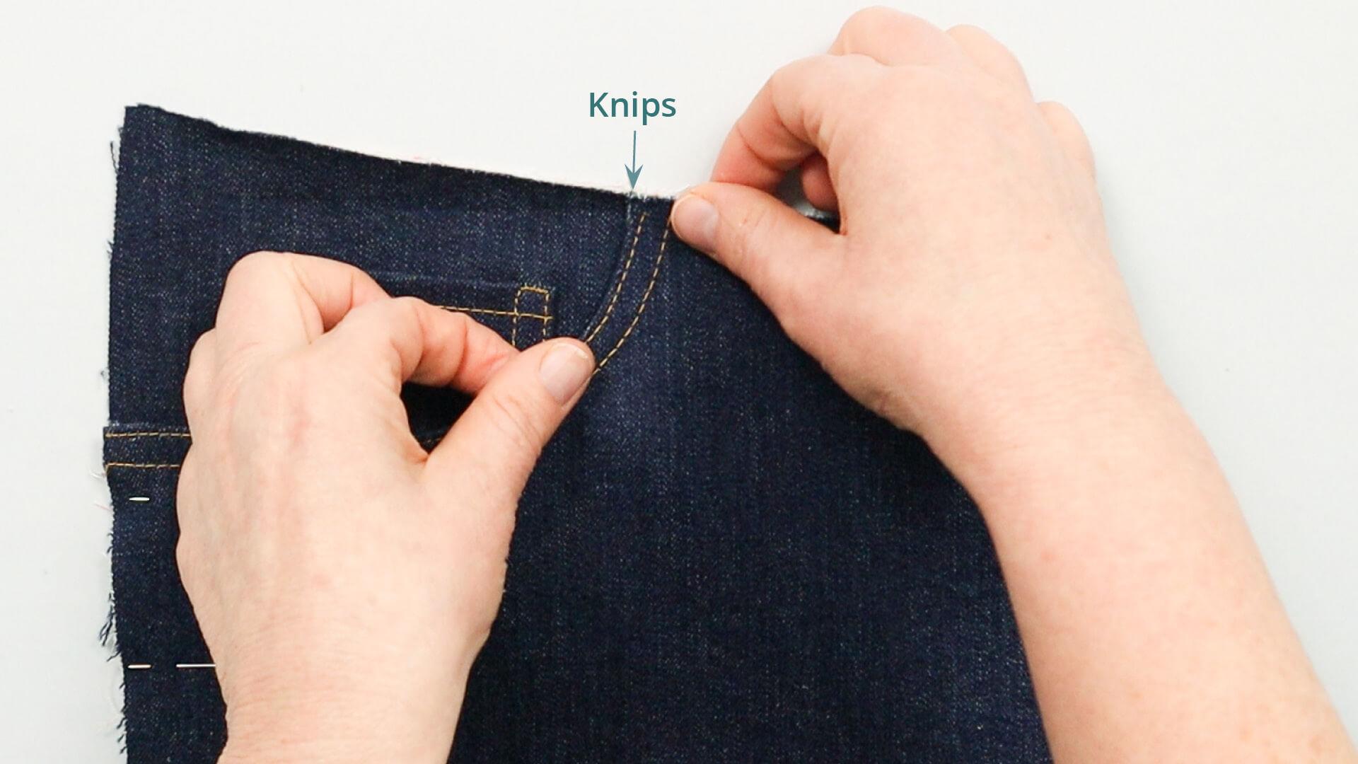 smartpattern Nähanleitung für vordere Jeanstasche- Tascheneingriff an Oberkante feststecken