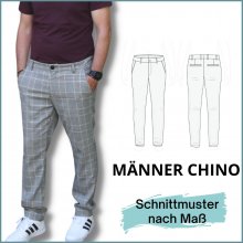 smartpattern-schnittmuster-konfigurator-Maenner-chino-hose-naehen Mann in senffarbiger selbstgenähter lässiger Chinohose und Skizze von Hose