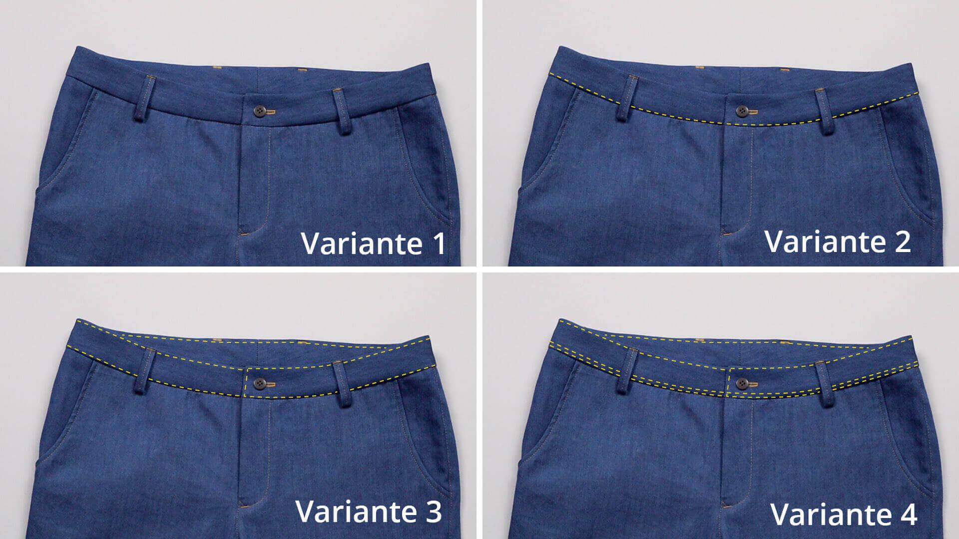 Das Bild zeigt verschiedene Varianten, wie der Hosenbund sichtbar oder unsichtbar angenäht werden kann.