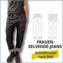 smartpattern schnittmuster konfigurator Frauen-Selvedge-Jeanshose und Skizze