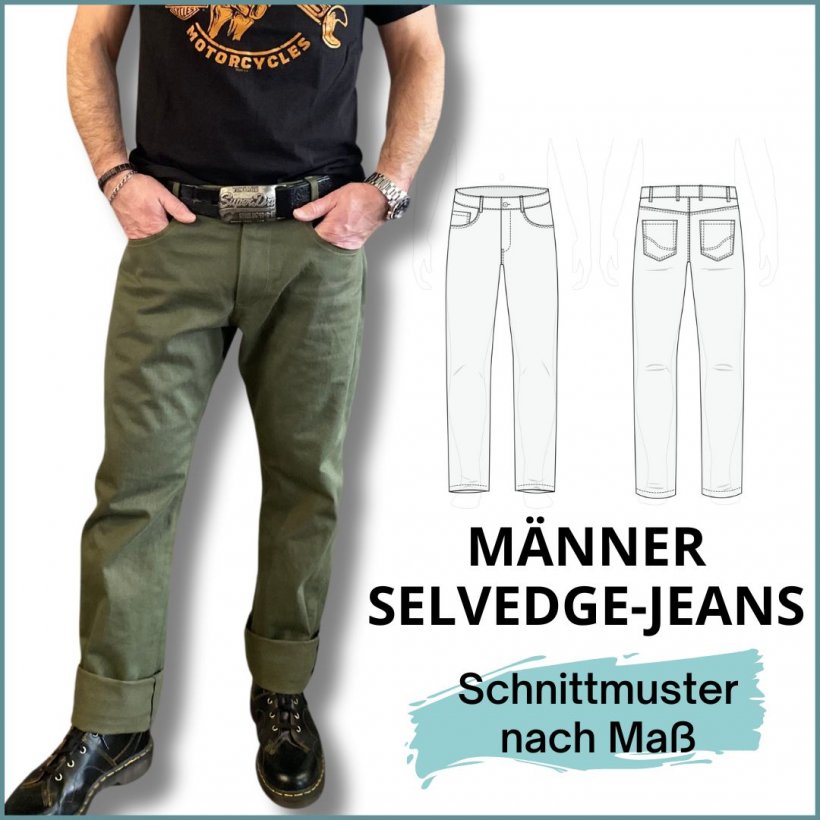 smartpattern schnittmuster konfigurator Männer-Selvedge-Jeanshose und Skizze