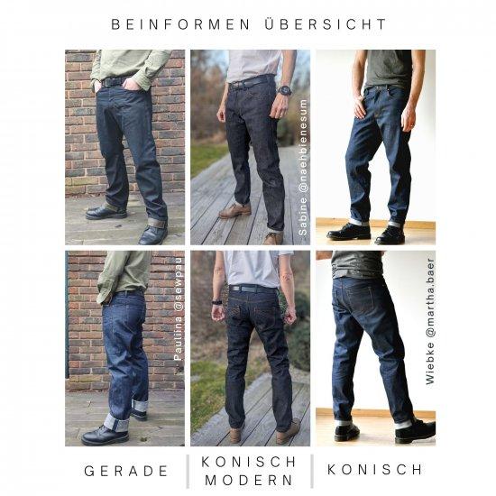 Selvedge Männer Jeans nähen, Designbeispiele Überblick Beinformen