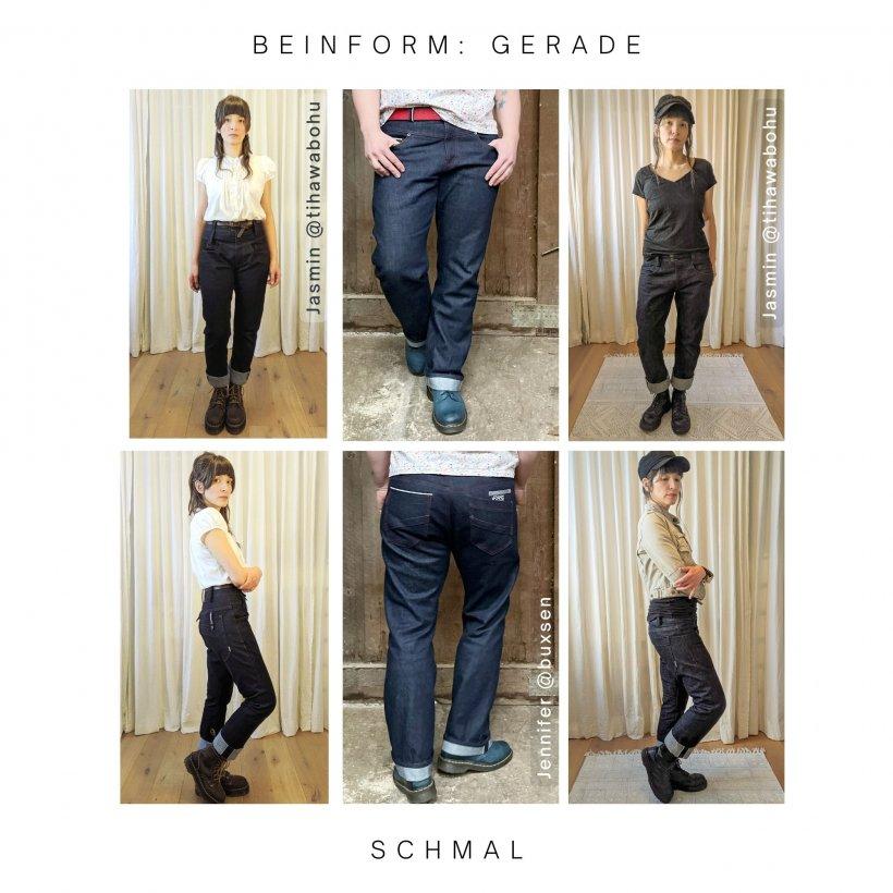 Selvedge Frauen Jeans nähen, Designbeispiele Beinform gerade in schmalem Fit