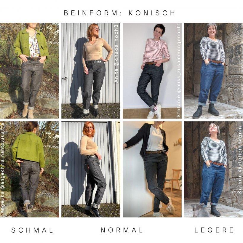 Selvedge Frauen Jeans nähen, Designbeispiele Beinform konisch