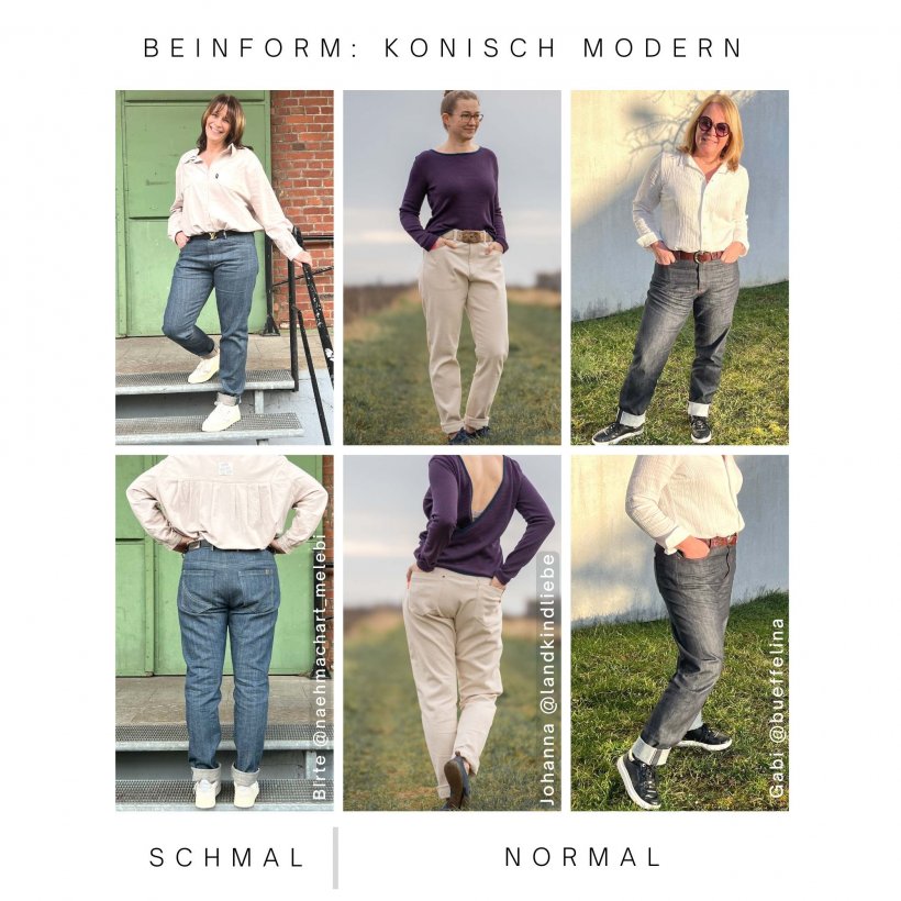 Selvedge Frauen Jeans nähen, Designbeispiele Beinform konisch-modern in schmalem und normalem Fit