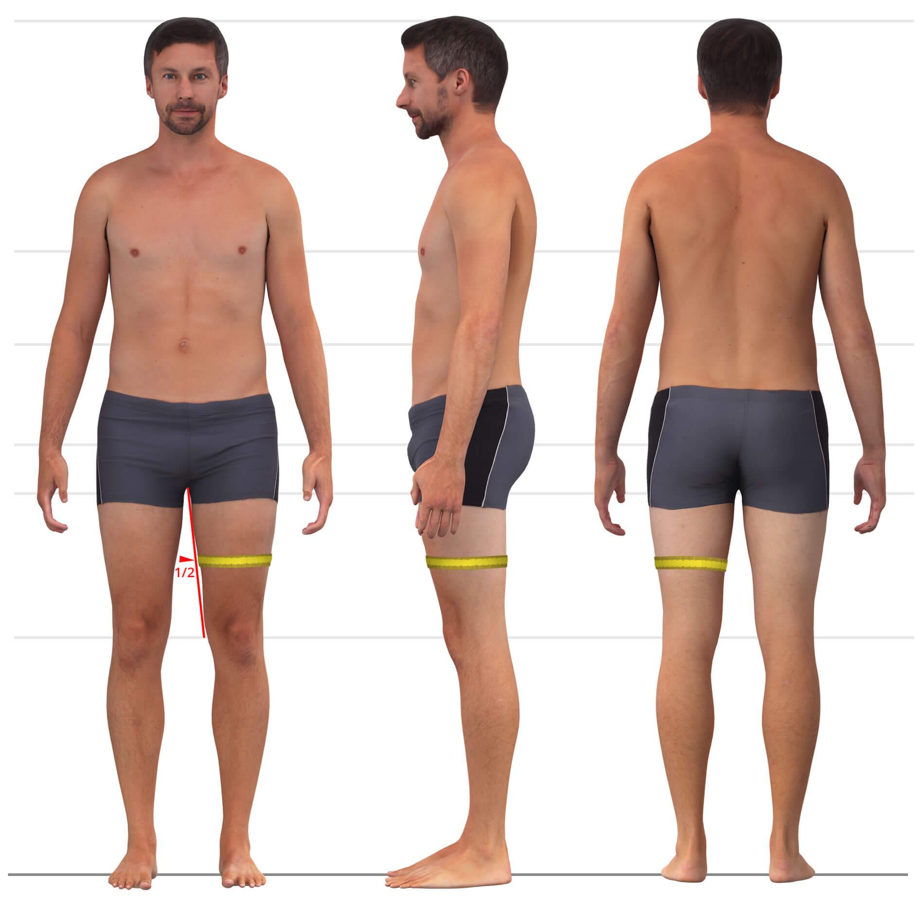 Das Bild zeigt das Maßnehmen des mittleren Oberschenkelumfangs für Männerhosen.