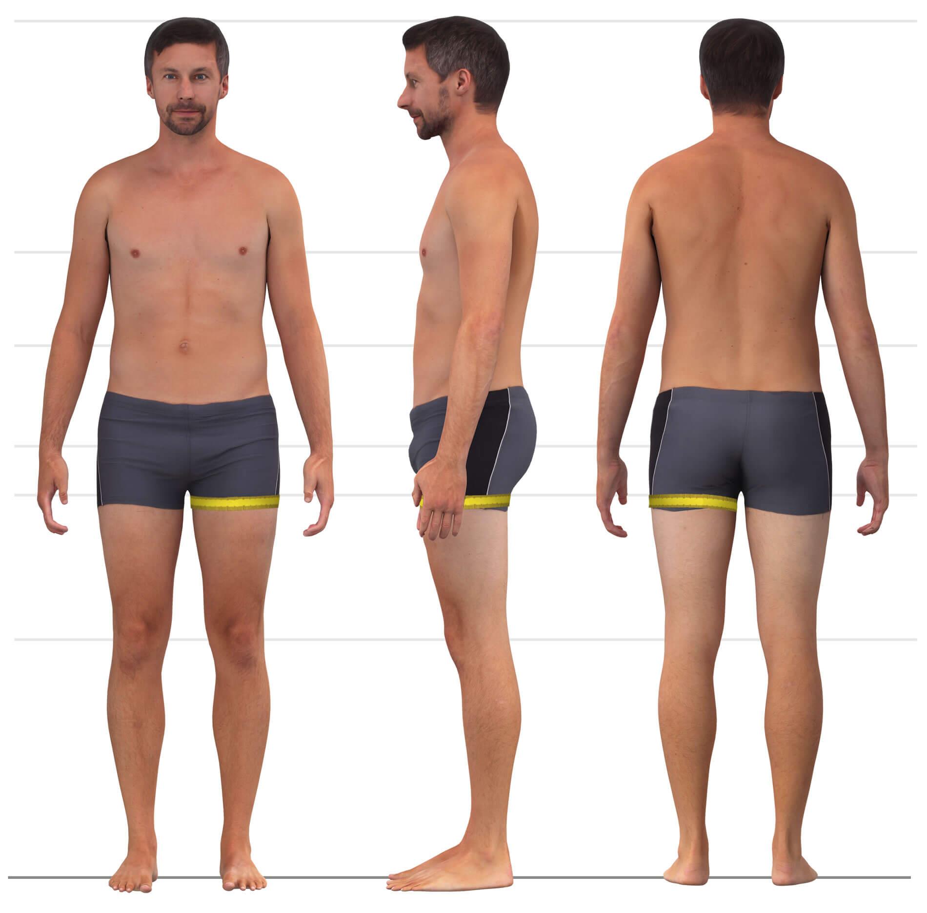 Das Bild zeigt das Maßnehmen des Oberschenkelumfangs für Männerhosen.