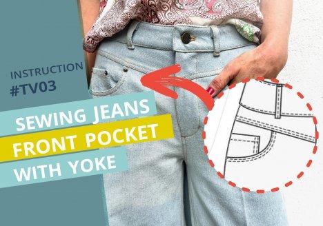Cover for sewing instruction to sew a front jeanspocket with yoke