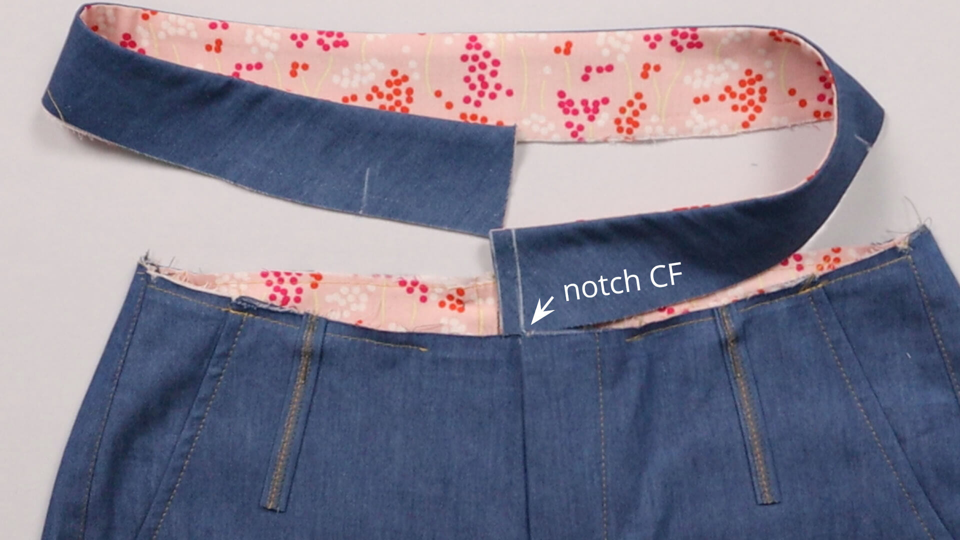 The picture shows how the shortened waistband strip is placed at the center front.
