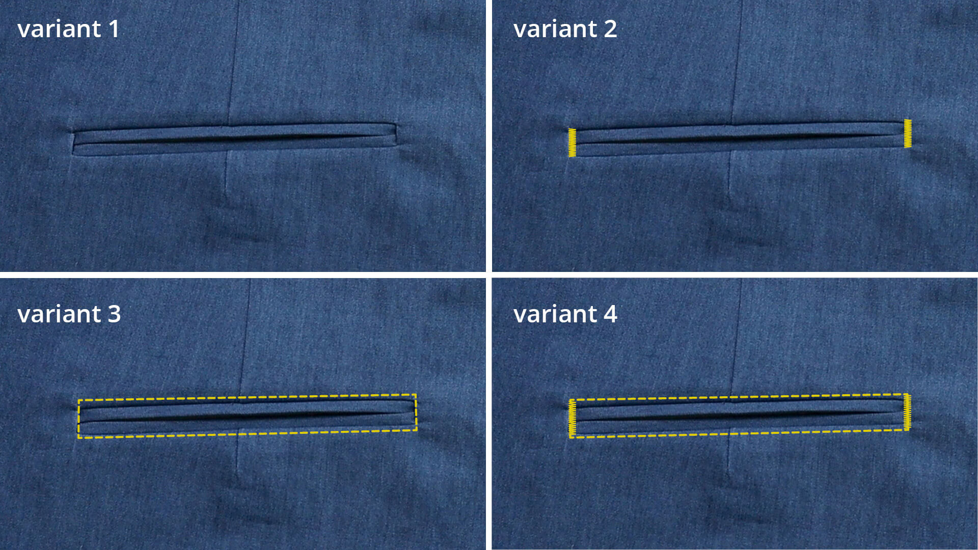 The picture shows various options for stitching the double welt pockets.