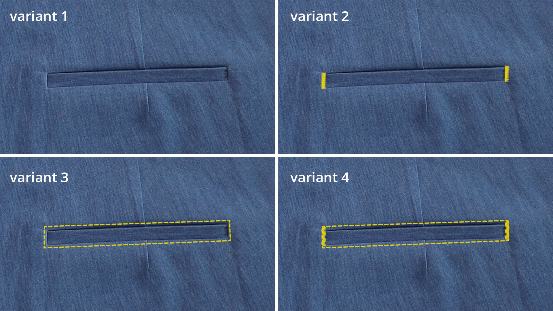 The picture shows four design suggestions for how the piped pocket can be stitched on the outside.
