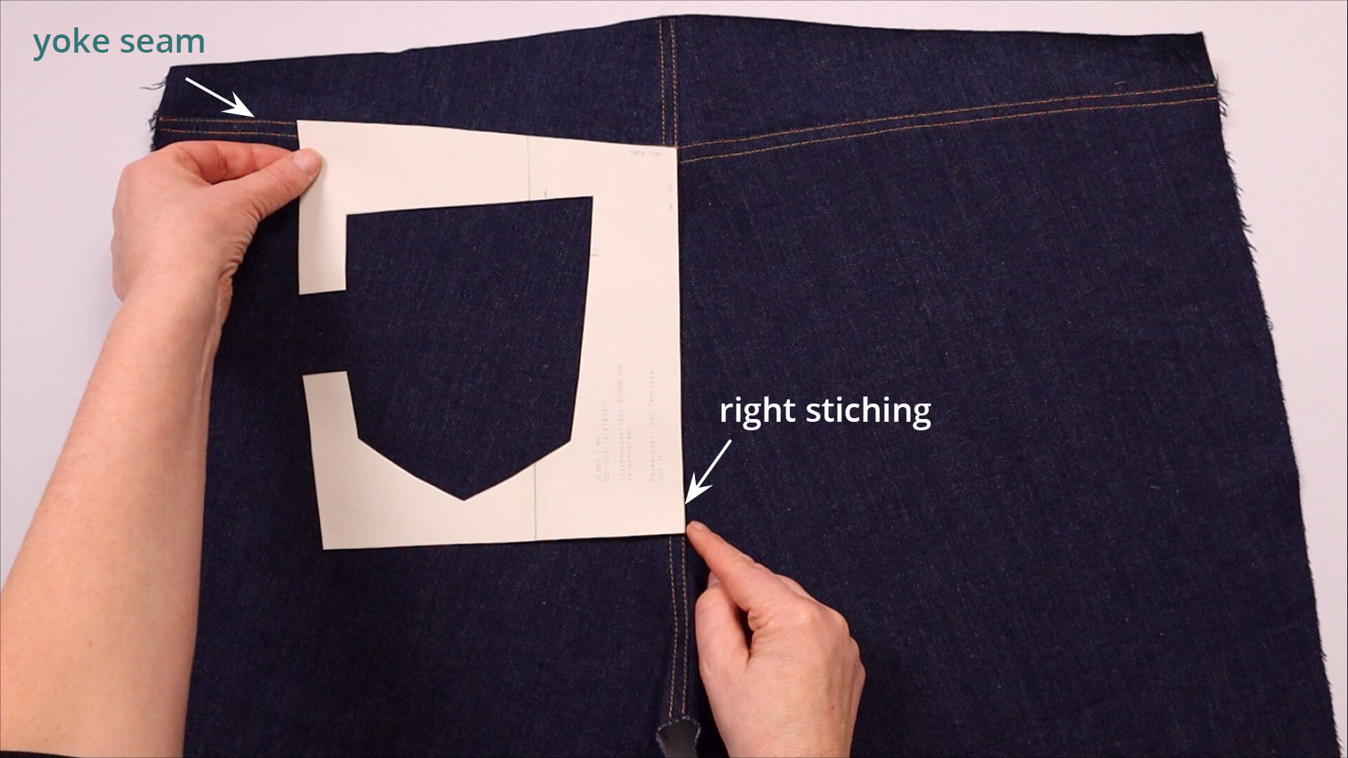 smartPATTERN sewing instructions for patch back pocket of a pair of jeans - place pocket marker template on the left