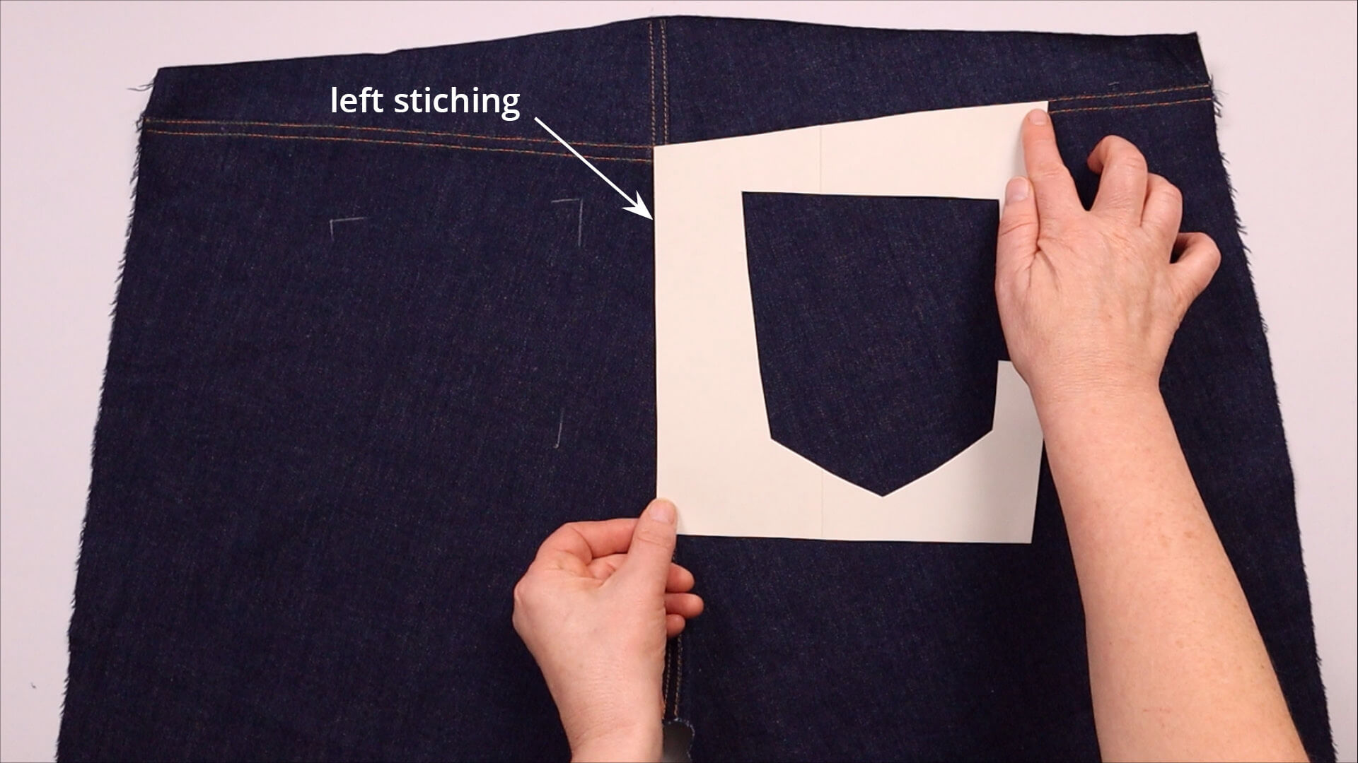 smartPATTERN sewing instructions for patch back pocket of a pair of jeans - place pocket marker template on the right side