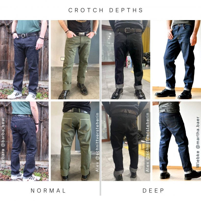 Selvedge-men crotch depths Selvedge men's jeans sewing, design examples different crotch depths