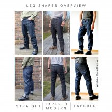 Selvedge-men-leg-shapes-all Selvedge men's jeans sewing, design examples overview leg shapes