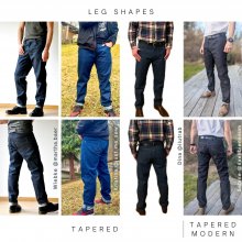 Selvedge-men-leg-shapes-tapered Selvedge men's jeans sewing, design examples leg shapes tapered and tapered modern