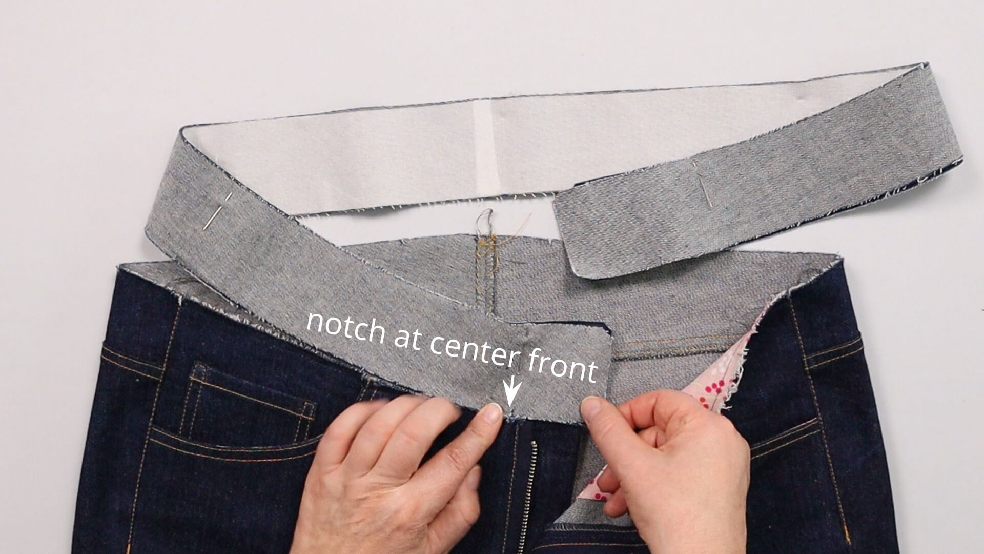 smartPATTERN sewing instructions for sewing attached waistband to denim trousers - attaching the waistband to the right front with underlap