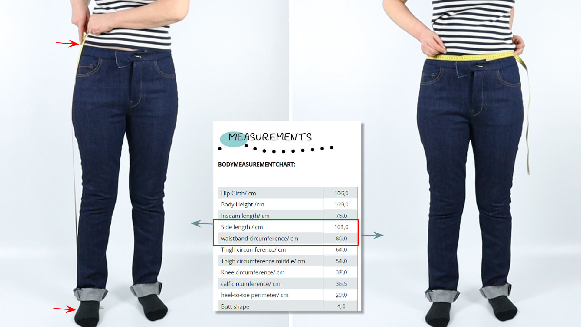 The waistband height and circumference are checked on the trousers being tried on