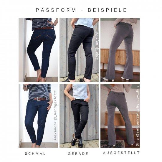 Schnittmuster Stretch Jeans- Passformbeispiele für schmal, gerade und ausgestellt