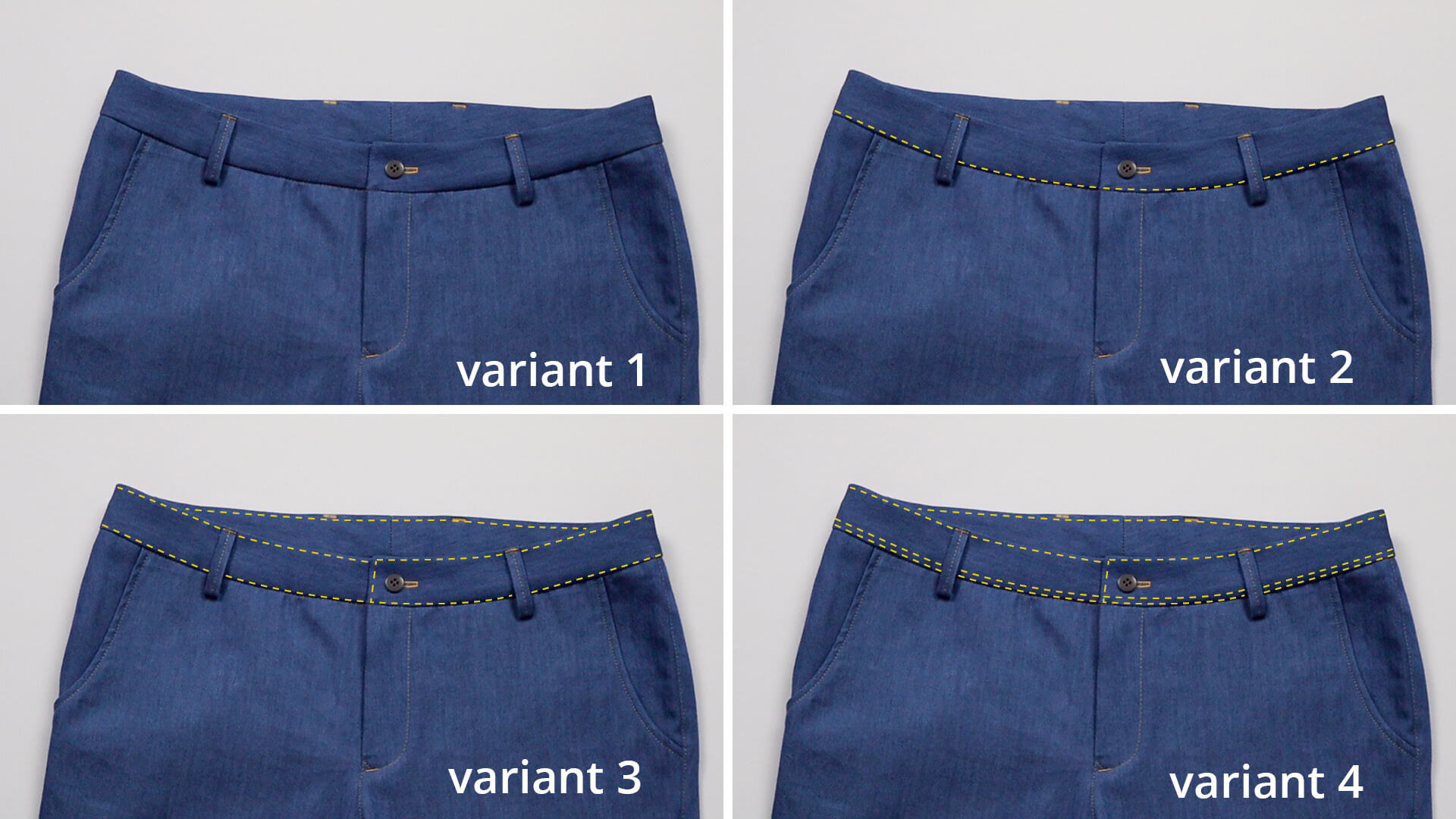 The picture shows different variations of how the waistband can be sewn on visibly or invisibly.