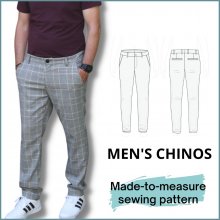 smartpattern-pattern-configurator-men-chino-pants-sewing Man in casual chinos and sketch of trousers