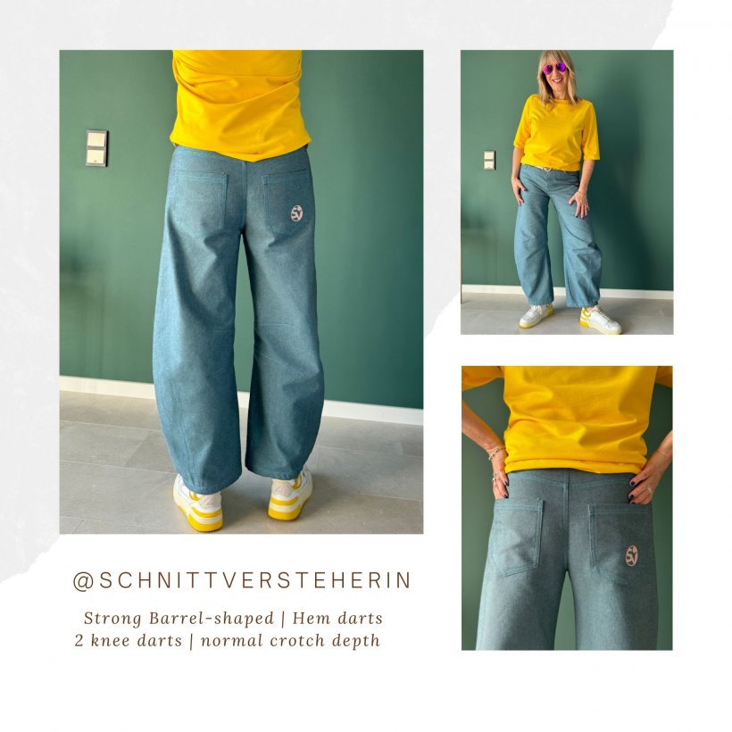 barrel-leg-jeans-sewing-smart-pattern-Alex-strong-shaped-greenblue Strong shaped barrel leg jeans with knee and hem darts to made to measure-smart-pattern