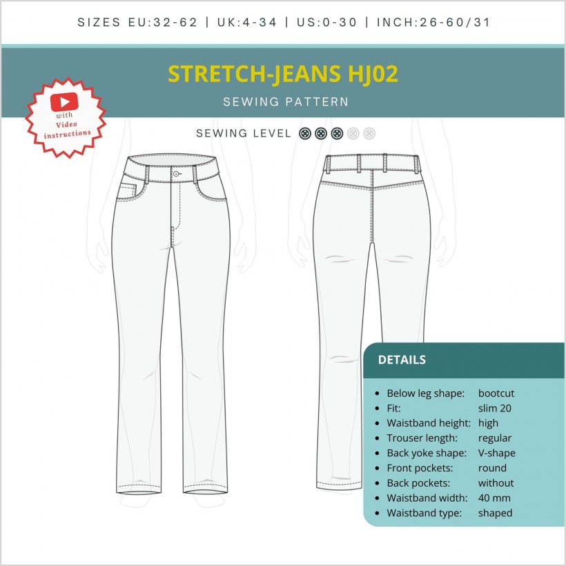 Stretch-jeans-hj02-pattern-Details Detail overview for Bootcut Stretch Jeans HJ02