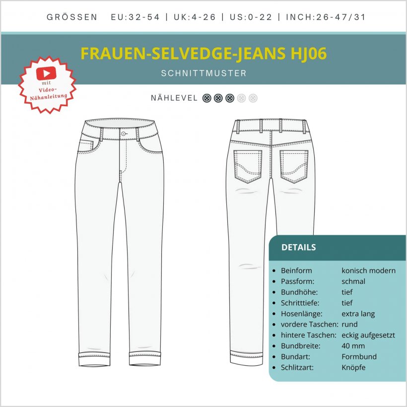 Frauen-Selvedge-jeans-hj06-low-waist-tapered-modern-Skizze-und-Details Detailübersicht mit Skizze Frauen-Selvedge-Jeans HJ06