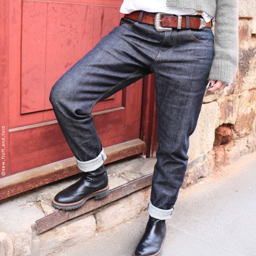 Frauen-Selvedge-jeans-hj06-low-waist-tapered-modern-Vorderansicht2 Designbeispiel für Schnittmuster Frauen-Selvedge-Jeans HJ06 in Vorderansicht