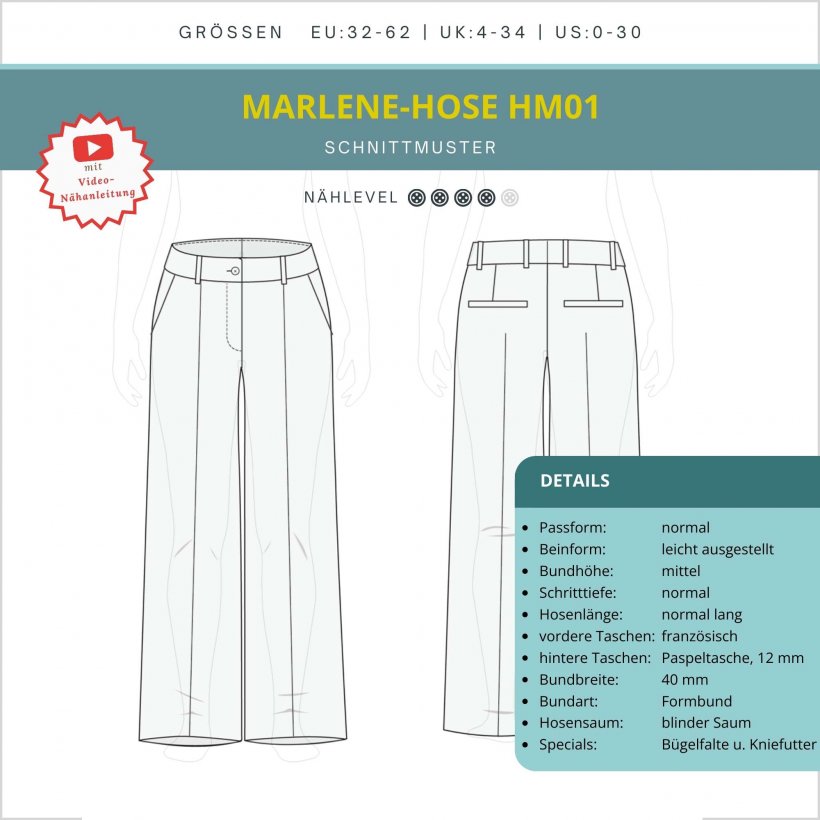 leicht-ausgestellte-Marlene-Hose-HM01-schnittmuster-details Skizze und Detailliste für Schnittmuster der leicht ausgestellten Marlene-Hose HM01