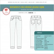 womens-Selvedge-jeans-hj06-low-waist-tapered-modern-sketch and-details Sketch and details for women's selvedge jeans pattern HJ06