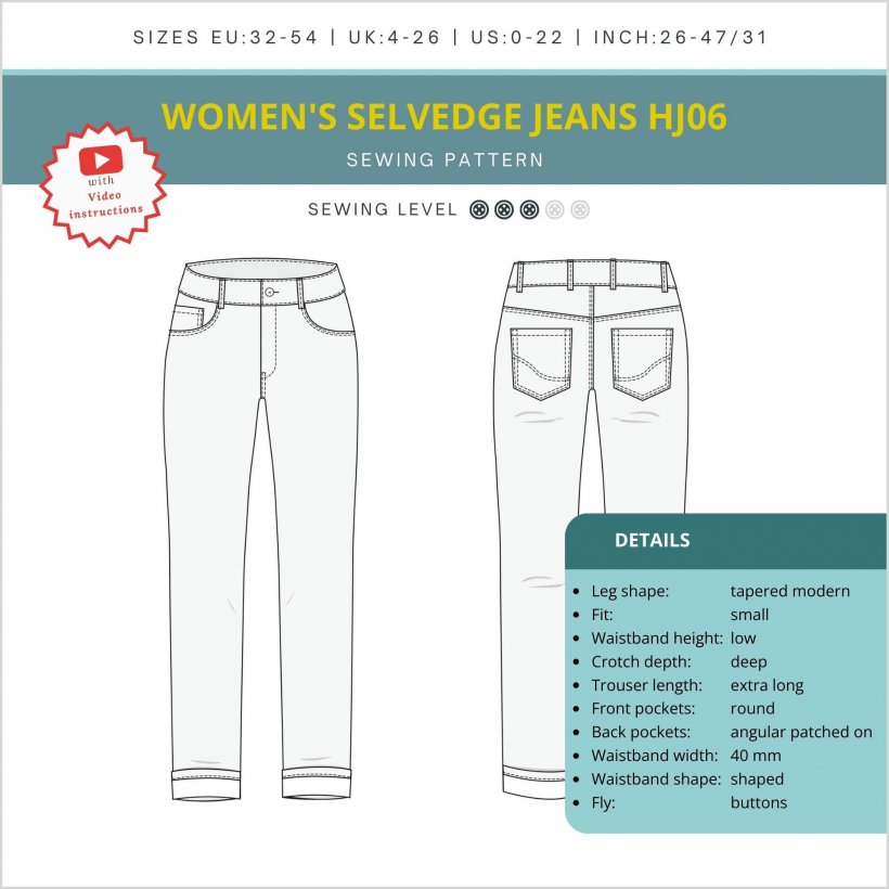 womens-Selvedge-jeans-hj06-low-waist-tapered-modern-sketch and-details Sketch and details for women's selvedge jeans pattern HJ06
