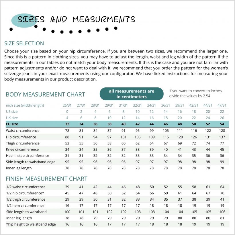 womens-selvedge-jeans-hj06-low-waist-tapered-modern-measurements Body and finished measurement charts for women's selvedge jeans pattern HJ06