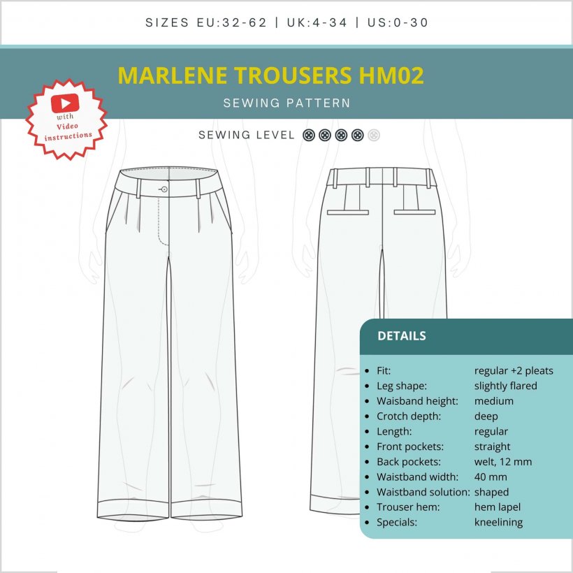 Marlene-pants-with 2-pleats-HM02-sewing-pattern-details Detailed overview of the Marlene HM02