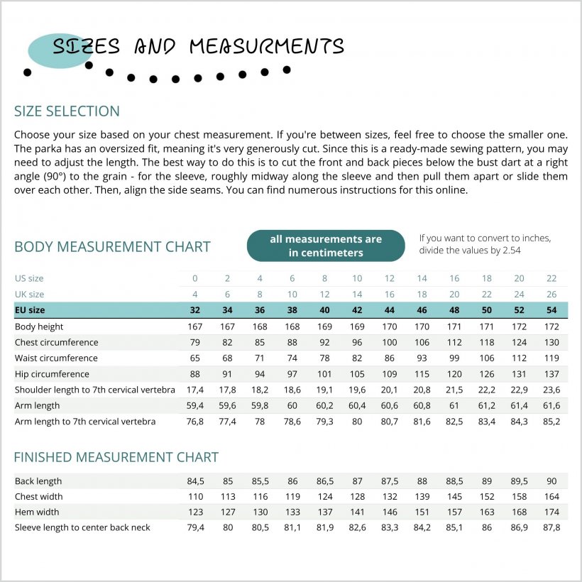 Parka with hood JM02 overview measurements and sizes