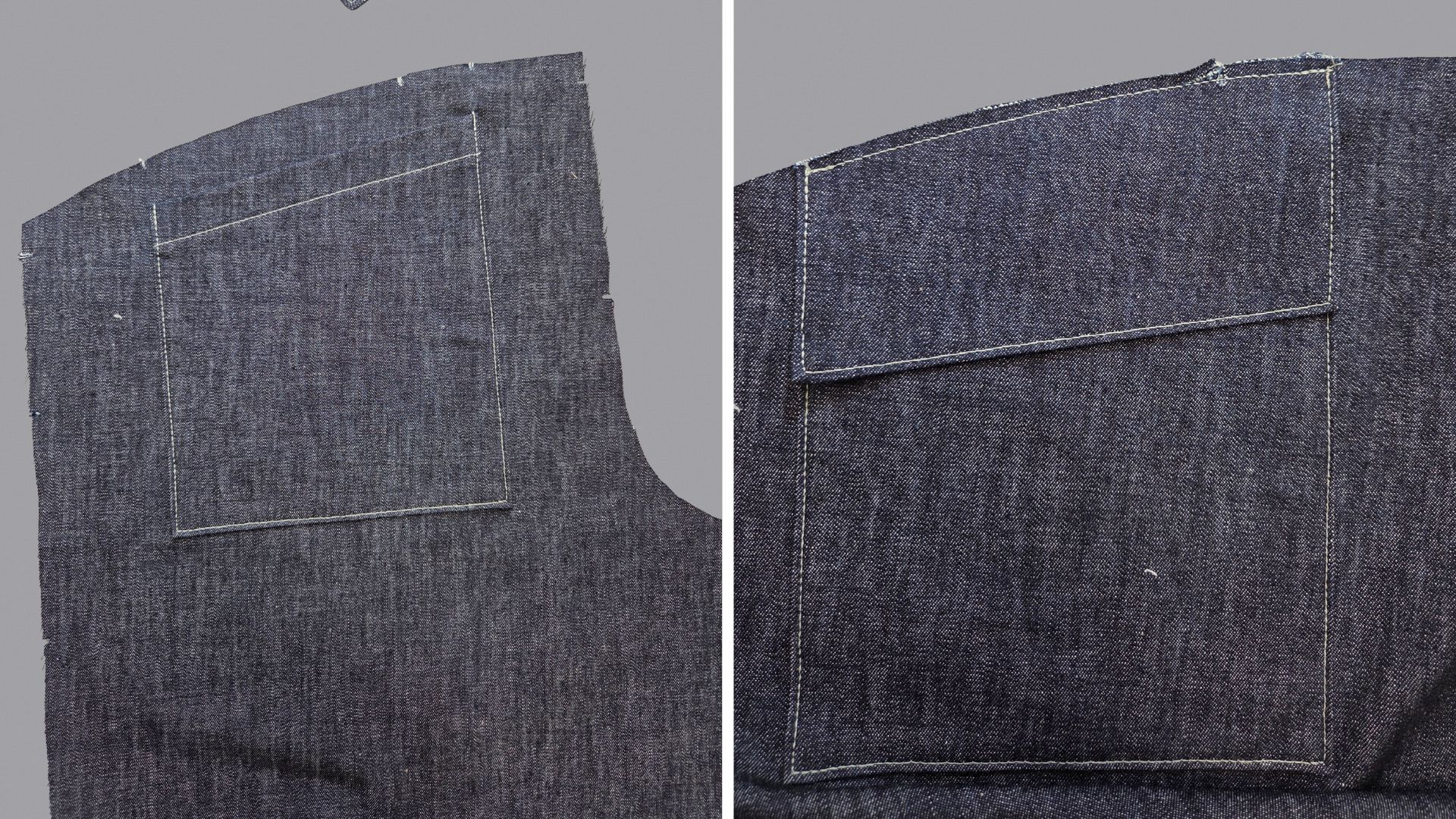 Das Bild zeigt das Nähen der hinteren linken Tasche.