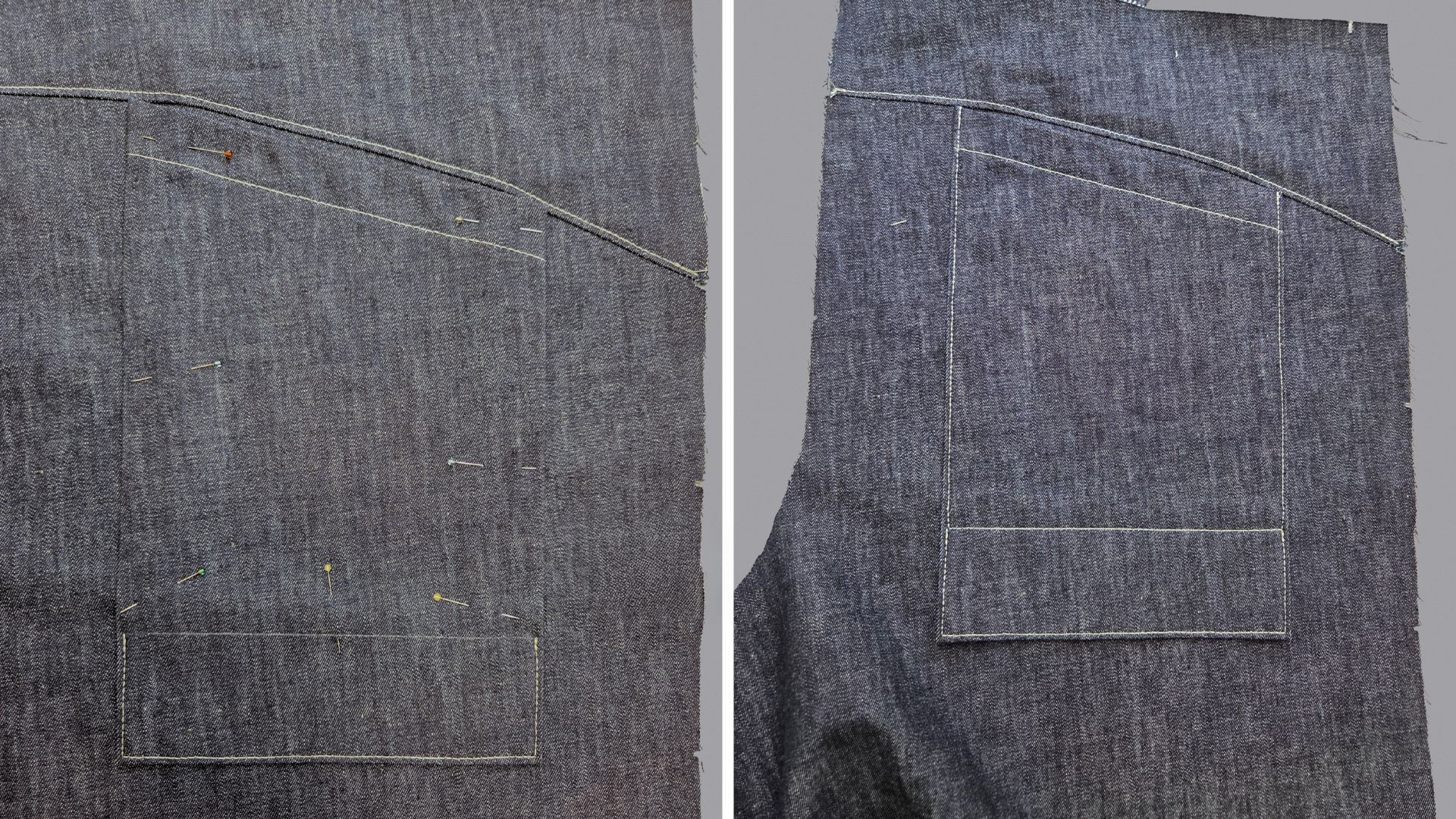 Das Bild zeigt das Aufnähen der oberen rechten Tasche.