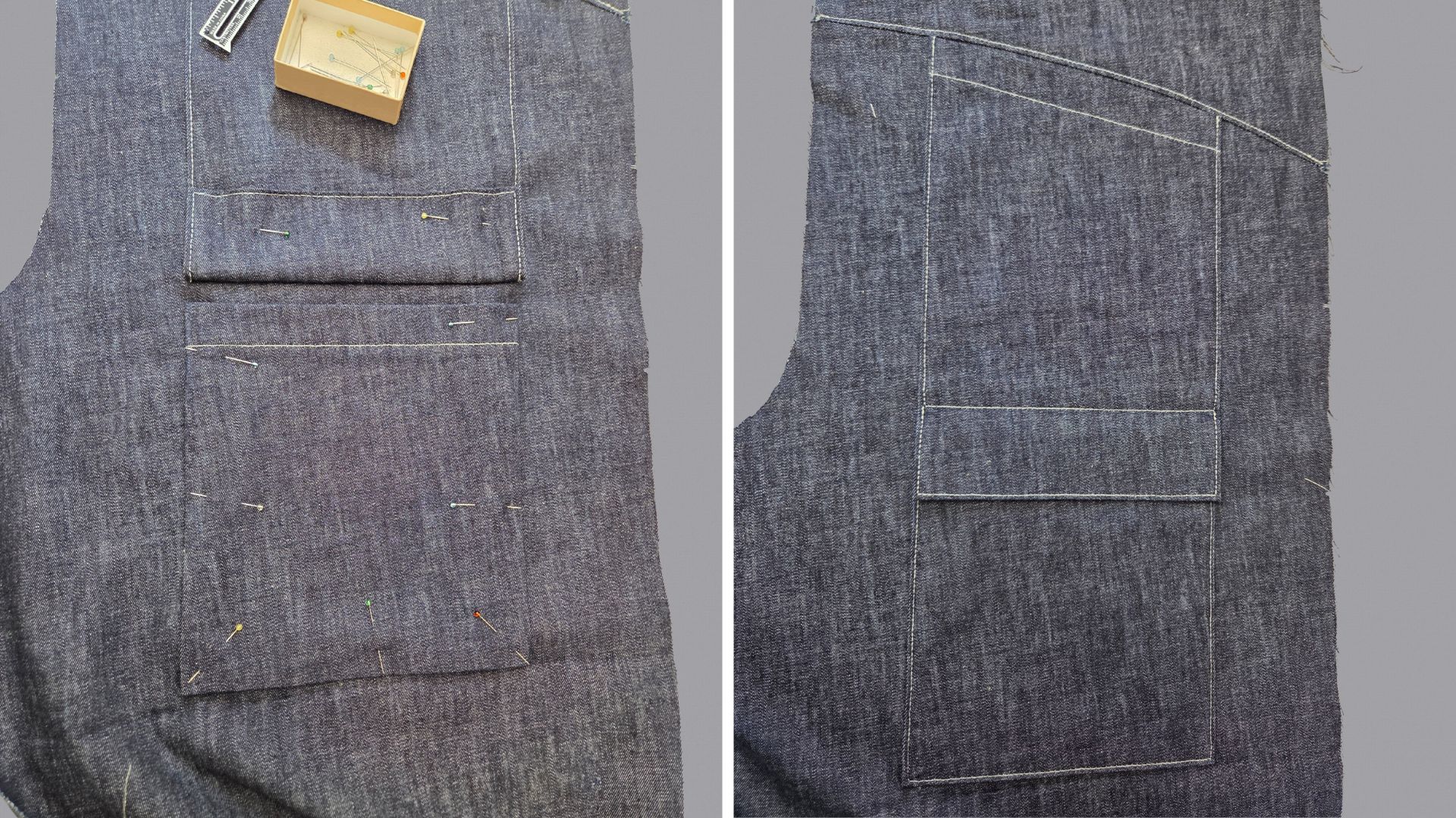 Das Bild zeigt das Aufnähen der unteren rechten Tasche.