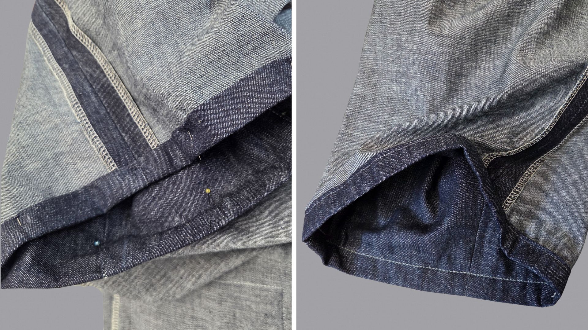 Das Bild zeigt Stecken und Nähen des Saums.