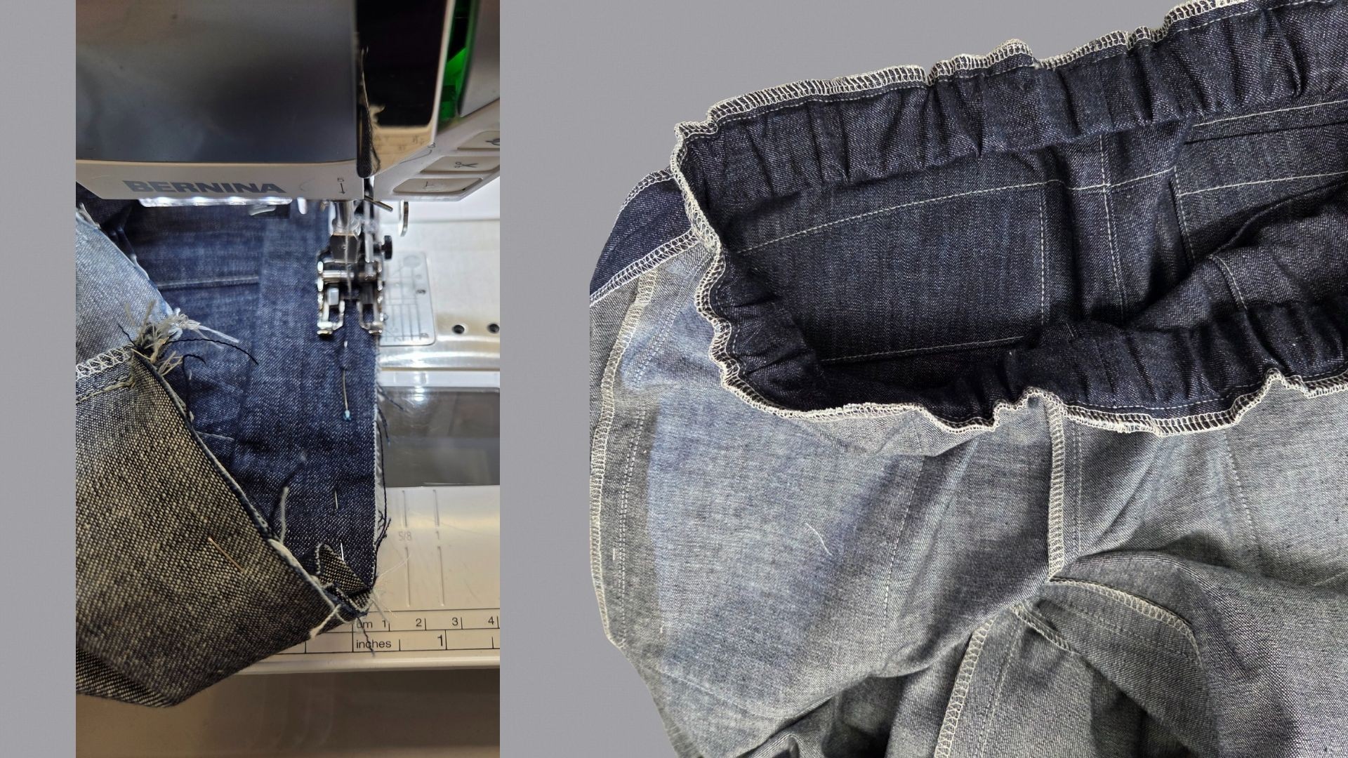 Das Bild zeigt das Annähen des Bundstreifens.