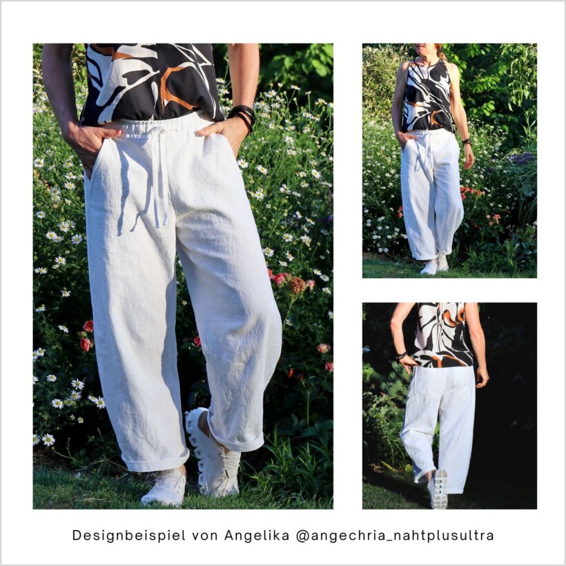 HE02-Easy-barrel-leg-hose-Designbeispiel-Angelika weiße Easy Barrel Leg Hose HE02 mit Gummibund, genäht von Angelika
