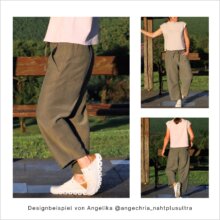 HE02-Easy-barrel-leg-hose-Designbeispiel-Angelika2 grüne Easy-Barrel-Leg HE02 mit Gummibund, genäht von Angelika