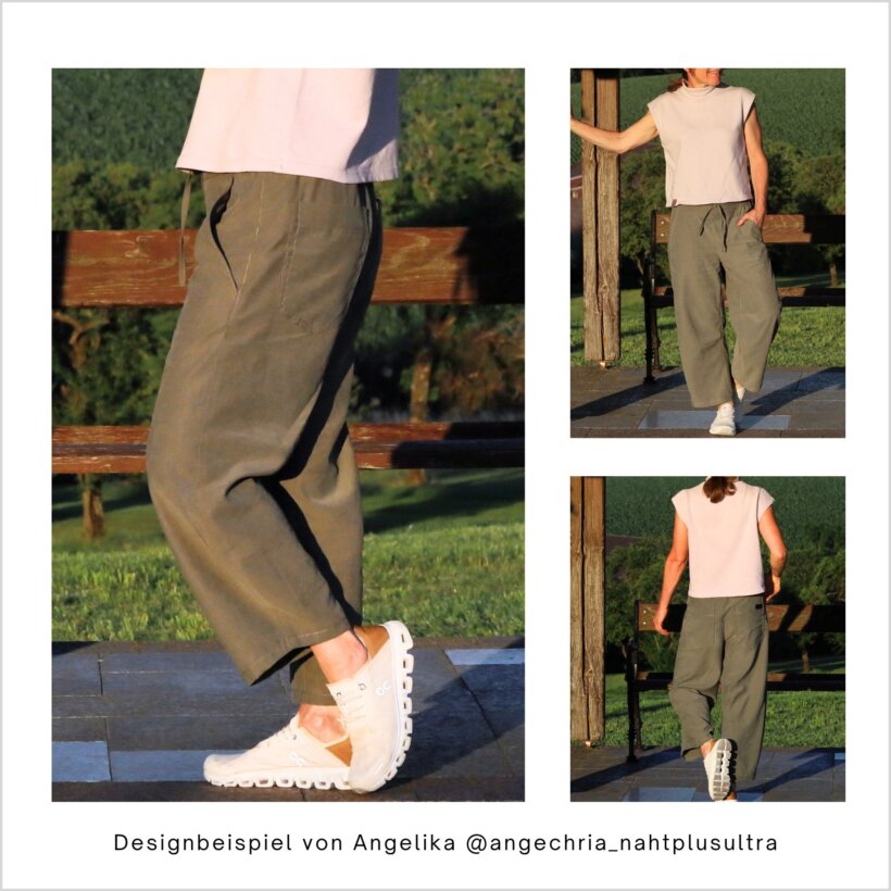 HE02-Easy-barrel-leg-hose-Designbeispiel-Angelika2 grüne Easy-Barrel-Leg HE02 mit Gummibund, genäht von Angelika